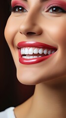 Perfect healthy teeth smile of a young woman. Teeth whitening. Dental clinic patient. Image symbolizes oral care dentistry, stomatology. Dental care illustration. Generative AI