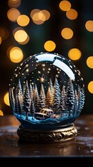 Fototapeta na wymiar Beautiful Christmas snow globe hanging on Christmas background. Christmas snow globe. Generative AI