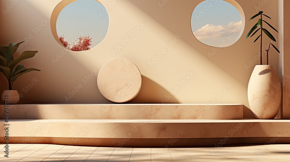 Wall mural top view of beige light bokeh shadow on sand color background. flat lay with shadow on the wall. min