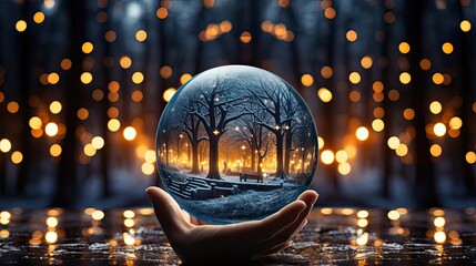 Magical empty snow globe. Christmas snow globe. Generative AI