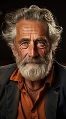 Obraz premium Portrait of happy senior man smiling at home. Old man relaxing on sofa and looking at camera. Portrait of elderly man enjoying retirement. Smile emotion illustration. Generative AI