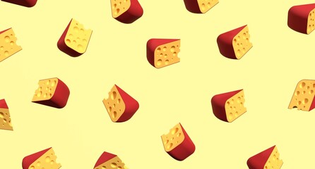 Pieces of cheese icon. Cheese pieces on yellow background. 3D render of a cheese. Cheese concept. Banner with food. 3D rendering