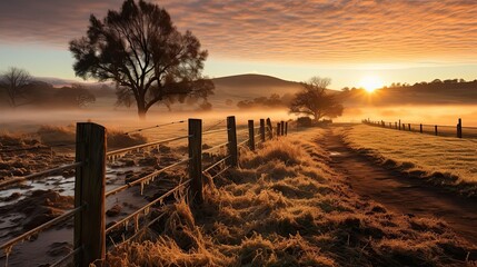 Glorious sunrise over grassy rural landscape with a two bar fence. Agriculture environment illustration. Generative AI