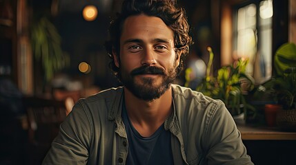 Portrait of happy mid adult man sitting on sofa at home. Handsome latin man in casual relaxing on couch and smiling. Cheerful guy looking at camera. Generative AI