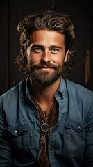 Portrait of young smiling caucasian man with crossed arms, wearing smart watch and casual denim shirt, on white. Man portrait illustration. Generative AI