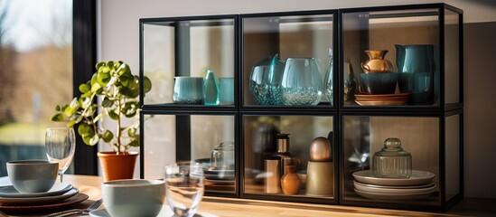 Glass cupboard containing dinnerware