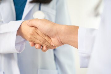 Close up, handshake and partnership in healthcare, medicine or trust for collaboration, unity or...