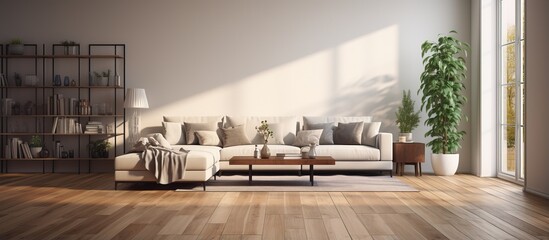 modern living room with parquet floors - obrazy, fototapety, plakaty