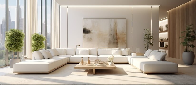 a spacious and contemporary living room design displayed through a mockup image created using computer generated technology