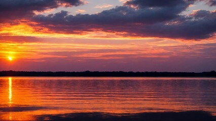Naklejka na ściany i meble Stunning sunset on the lake, purple sky.
