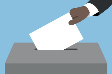 The hand of a dark-skinned guy puts a ballot in the ballot box, flat vector, minimalism, blue background
