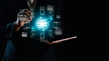 Digital Networking Worldwide Businessman Touches Virtual Screen with Smartphone and Electronic Pen