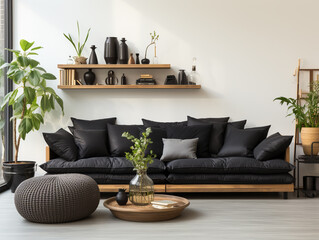Modern minimalist style, living room, black sofa, white interior showcase, soft furniture.
