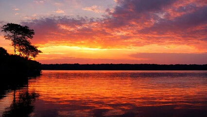 Fototapeta na wymiar Stunning sunset on the lake, purple sky.