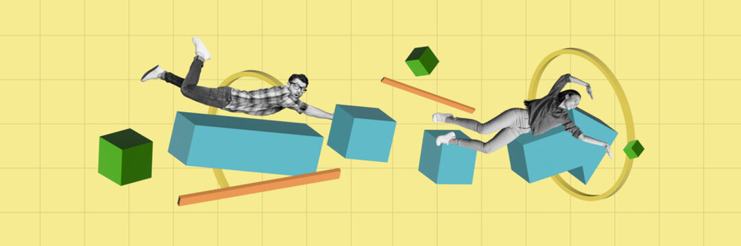 Template graphics collage image of funky excited colleagues flying achieving success isolated yellow color background - Powered by Adobe