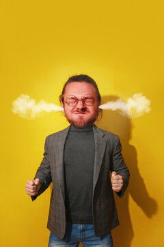 Irate man with an exaggeratedly large head, steam  blowing from his ears. Challenges of anger management.