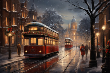 
Christmas city landscape. trams decorated for the holiday travel along a snowy street. illustration. generative ai