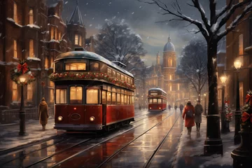 Foto op Canvas  Christmas city landscape. trams decorated for the holiday travel along a snowy street. illustration. generative ai © ALL YOU NEED studio