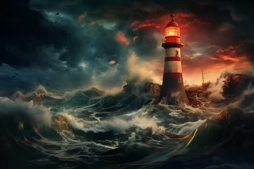 Schilderijen op glas lonely lighthouse on a rock in the middle of a stormy sea © ALL YOU NEED studio