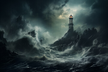 lonely lighthouse on a rock in the middle of a stormy sea - obrazy, fototapety, plakaty