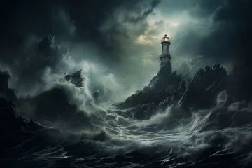 Keuken spatwand met foto lonely lighthouse on a rock in the middle of a stormy sea © ALL YOU NEED