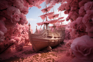 pink pirate ship with pink sails surrounded by blooming flowers. fantasy art. generative ai