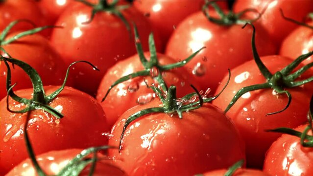 Drops of water fall on tomatoes. Filmed on a high-speed camera at 1000 fps. High quality FullHD footage