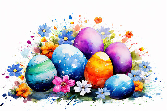 Colorful Easter eggs in watercolor style. Watercolor painting, Easter