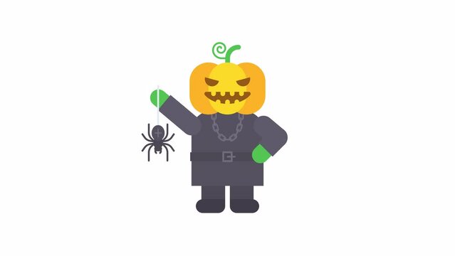 Pumpkin holding spider on web and smiles. Alpha channel