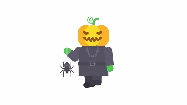 Pumpkin walking holding spider on web and smiles. Alpha channel