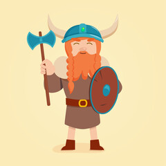 Ancient Scandinavian Viking in helmet with horns. Bearded Swedish warrior with shield and axe. Nordic armored man with weapon.