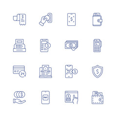 Payment line icon set on transparent background with editable stroke. Containing bill, cash register, credit card, deposit, insert coin, mobile phone, online payment, pay, payment, pos terminal.