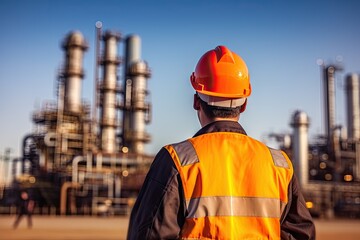 Sunset at industrial power plant. Technician view. Ensuring safety. Engineer inspecting chemical factory. Energy production in action. Petrochemical workers day