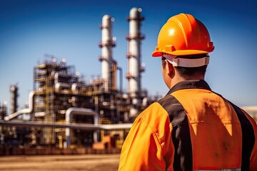 Sunset at industrial power plant. Technician view. Ensuring safety. Engineer inspecting chemical factory. Energy production in action. Petrochemical workers day