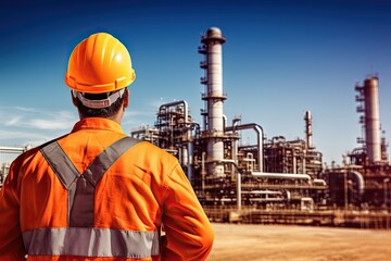 Sunset at industrial power plant. Technician view. Ensuring safety. Engineer inspecting chemical factory. Energy production in action. Petrochemical workers day