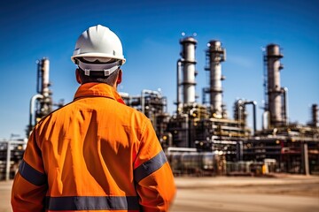 Sunset at industrial power plant. Technician view. Ensuring safety. Engineer inspecting chemical factory. Energy production in action. Petrochemical workers day