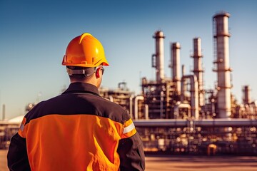 Sunset at industrial power plant. Technician view. Ensuring safety. Engineer inspecting chemical factory. Energy production in action. Petrochemical workers day