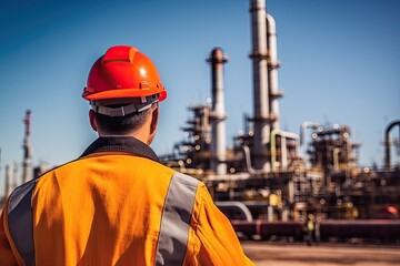 Sunset at industrial power plant. Technician view. Ensuring safety. Engineer inspecting chemical factory. Energy production in action. Petrochemical workers day