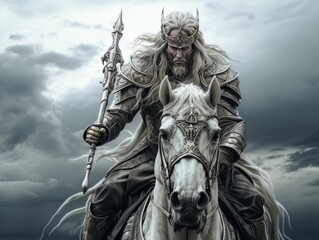 White horseman of apocalypse warrior in silver armor riding white horse AI