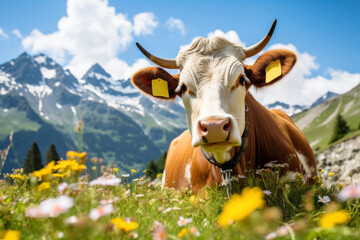 Fototapeta na wymiar A Cow at Swiss Alps in a Sunny Summer Day