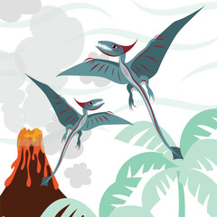 The ancient lizard Pteranodon flies on the background of the palms and  erupting volcano. Predatory dinosaur of the Jurassic period. Big wings. Vector cartoon illustration. © Kristanbars