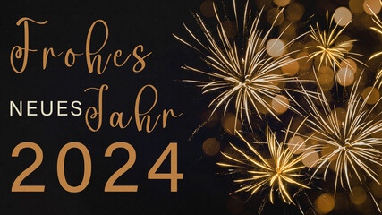 Frohes neues Jahr 2024 Silvester Feiertag Grußkarte mit deutschem Text - Goldenes gelbes Feuerwerk...