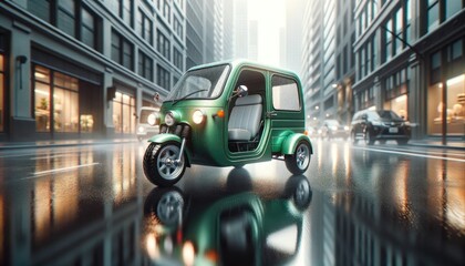Image capturing a green mini three-wheel vehicle in motion on a rainy city street, reflecting on the wet pavement for co-friendly urban transportation