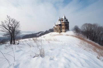 Forgotten medieval castle and small settlement and cold winter generative ai