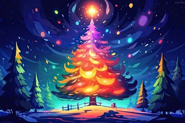 magic forest colorful christmas tree with glowing lights illustration