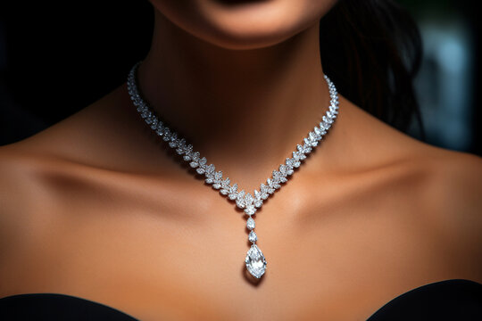 Woman wearing luxury jewelry, platinum necklace with diamonds close-up. Golden necklace on female neck. Beautiful diamond pendant necklace. Beauty, people and jewelry concept