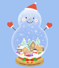 Snowman-shaped snowball illustration featuring a cute village
