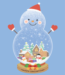 Snowman-shaped snowball illustration featuring a cute village