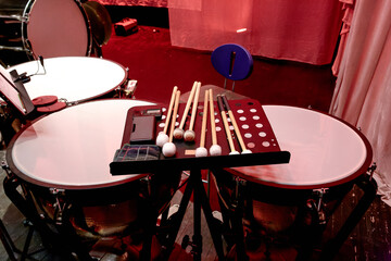  timpani drums of symphony orchestra on theater stage