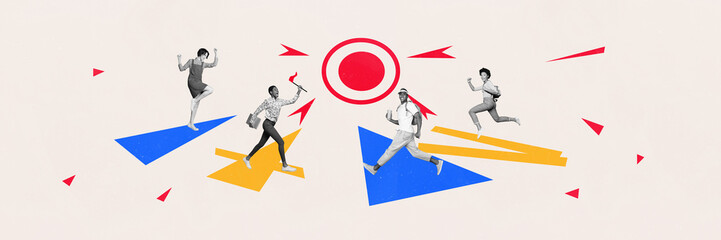 Artwork magazine collage picture of funky people running competition achieving success isolated drawing background